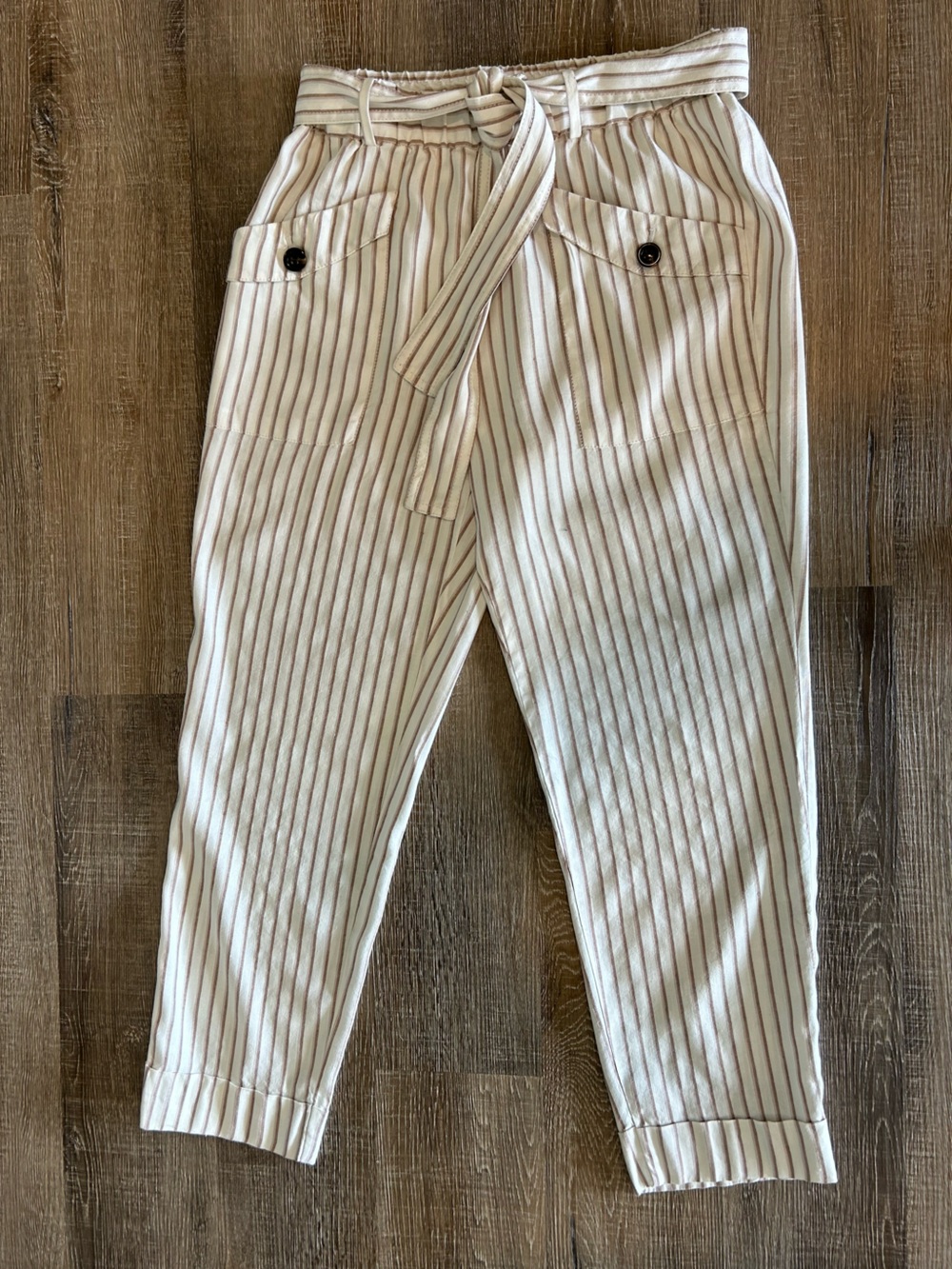 Linen Blend Pinstripe Belted Tapered Pants